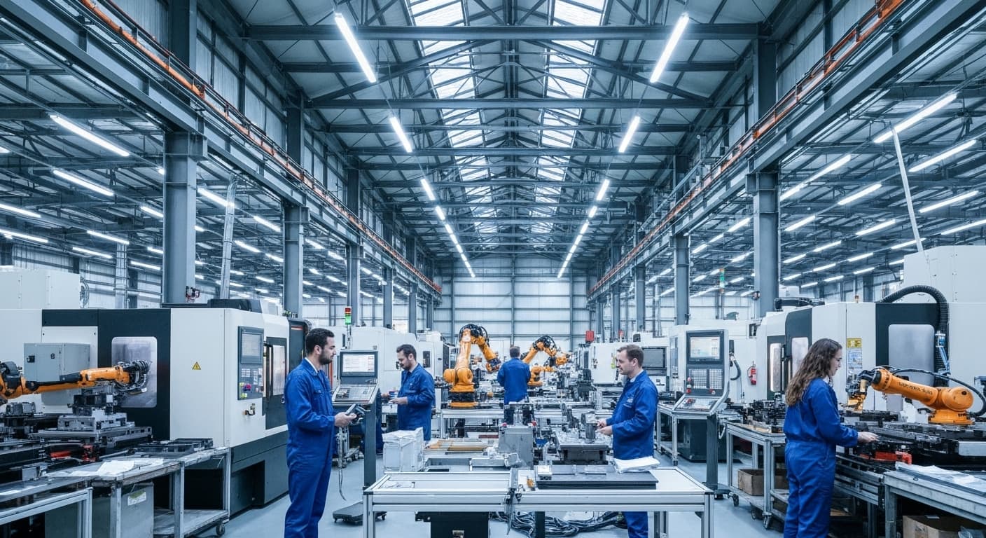 Modern industrial factory floor with advanced machinery and a diverse team working collaboratively