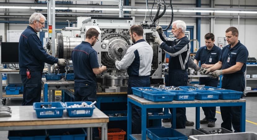Technicians assembling complex machinery