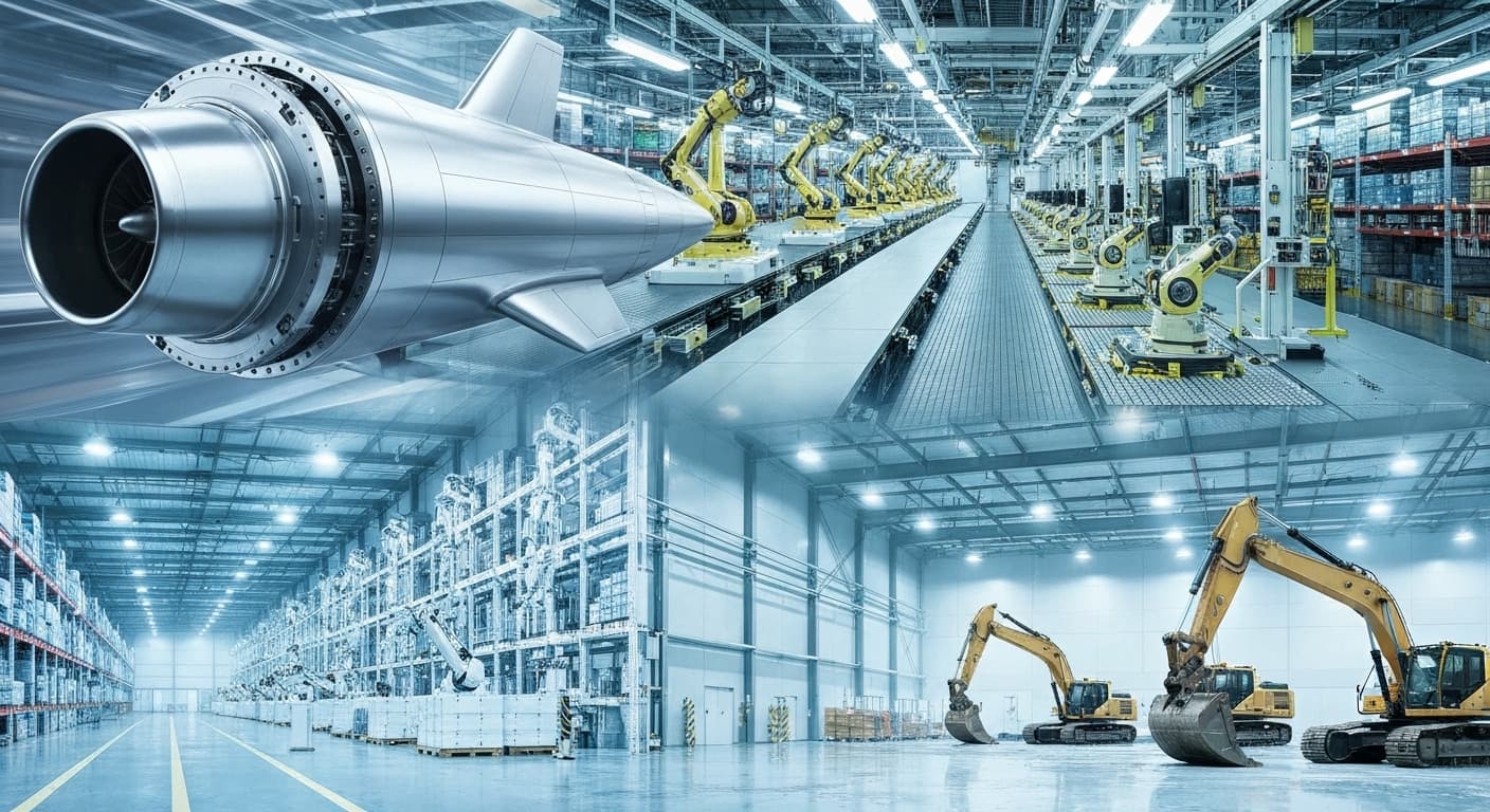 Diverse industrial landscape with elements representing various sectors like aerospace, automotive, and construction