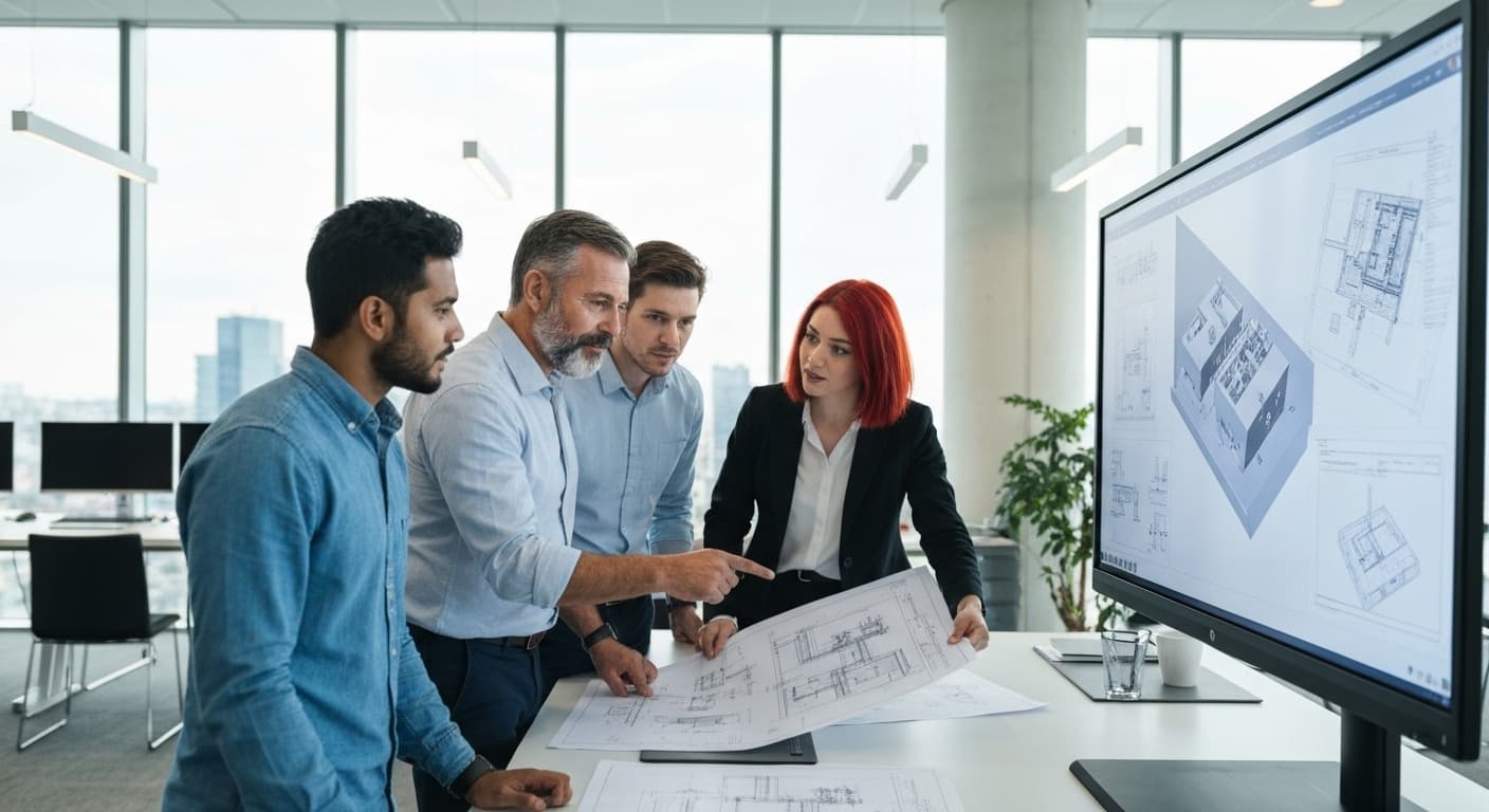 Engineers reviewing project blueprints on a large screen