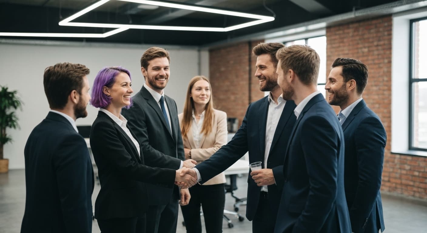 Diverse group of business leaders shaking hands in a modern industrial setting