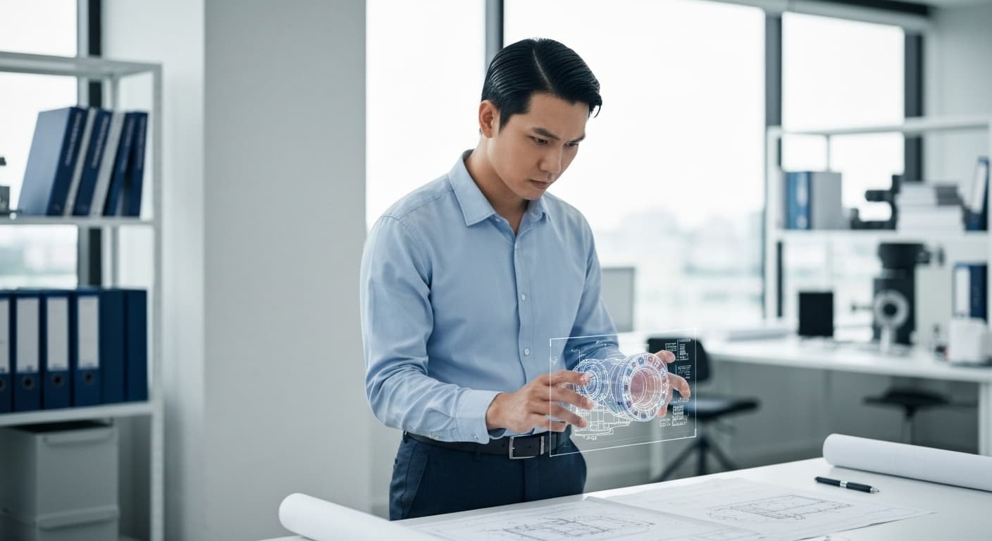 Engineer reviewing blueprints and a 3D model of a precision component