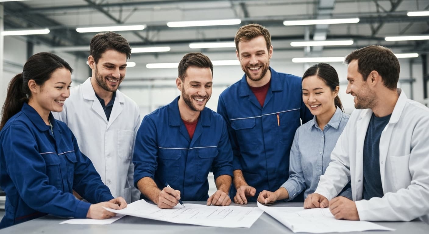 Diverse team of engineers and technicians collaborating in a modern manufacturing facility